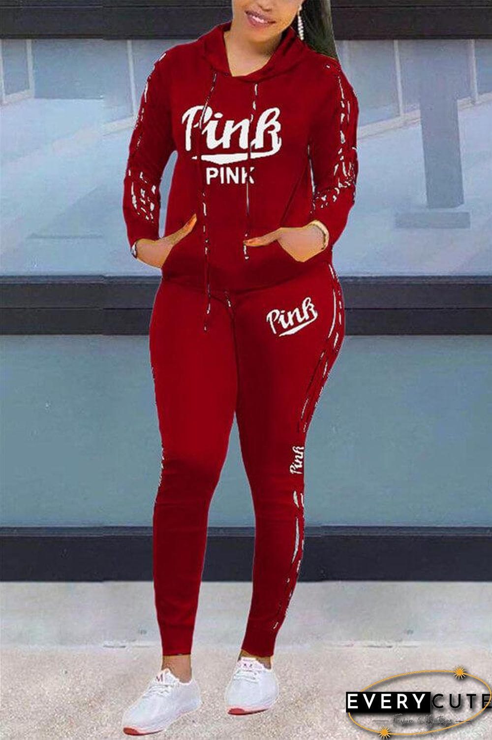 Casual Letter Print Hooded Collar Two Pieces