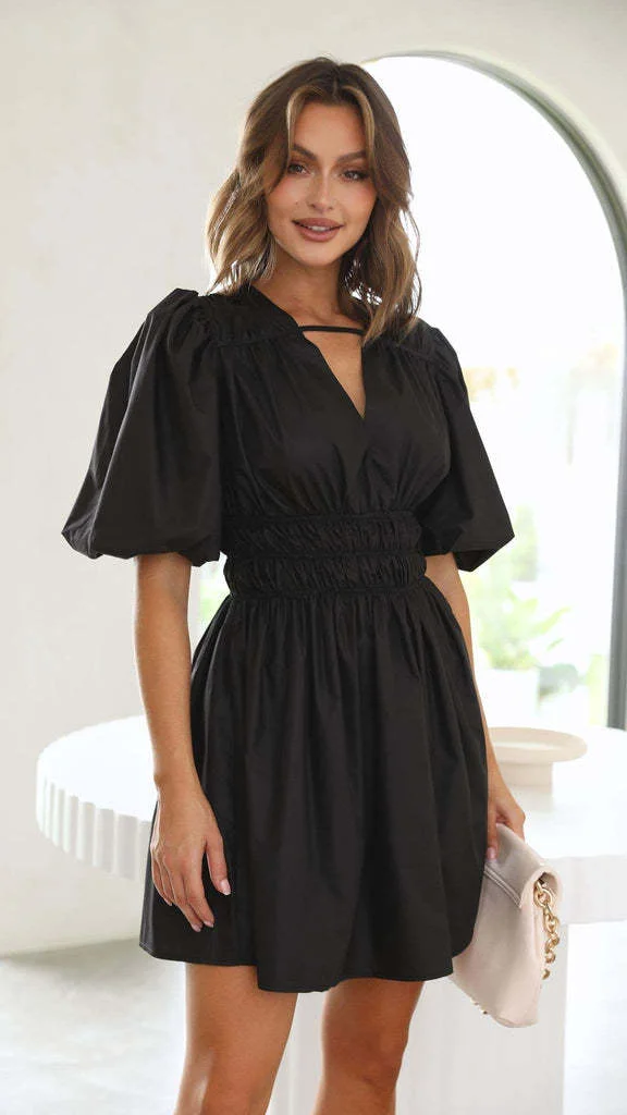 Vacation Style Bubble Sleeve Tight Waist Mini Dress