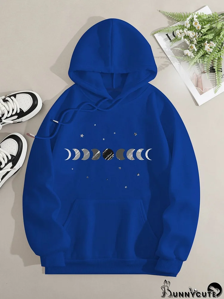 Printed on front Kangaroo Pocket Hoodie Long Sleeve for Women Pattern Sun and Moon Painting