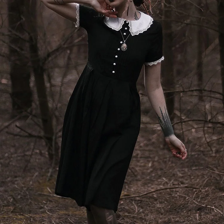 Gothic Solid Color Doll Collar Short-sleeved Midi Dress