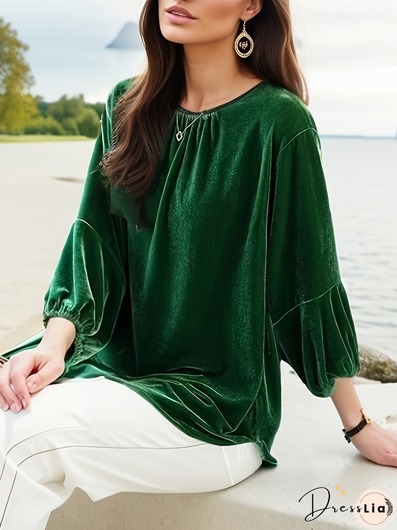 Lantern Sleeve Solid Blouse, Casual Crew Neck Versatile Blouse, Women's Clothing