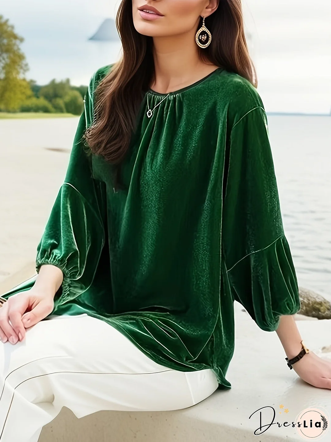Lantern Sleeve Solid Blouse, Casual Crew Neck Versatile Blouse, Women's Clothing