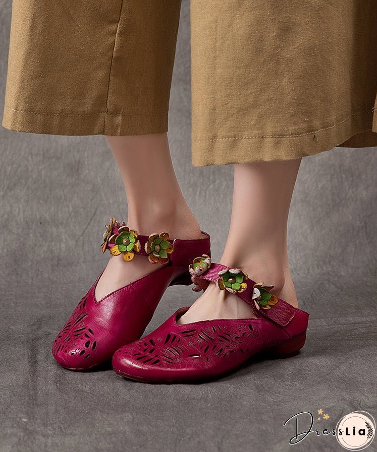 Vintage Purple Hollow Out Floral Cowhide Leather Slide Sandals