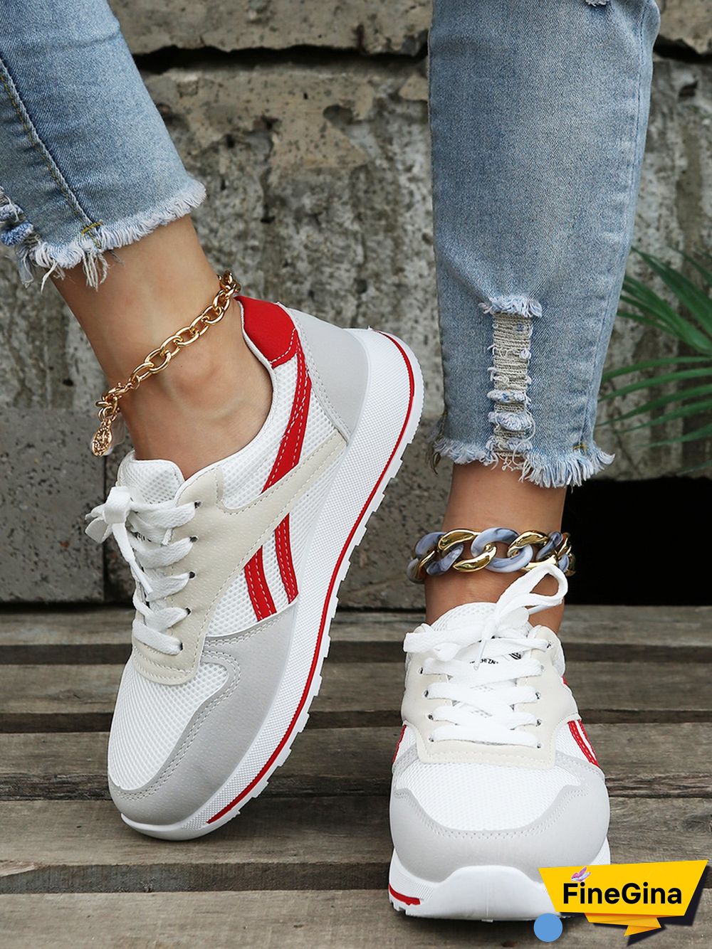 Color Block Sports All Season Split Joint Flat Heel Round Toe Fabric Fabric Lace-Up Sneakers for Women
