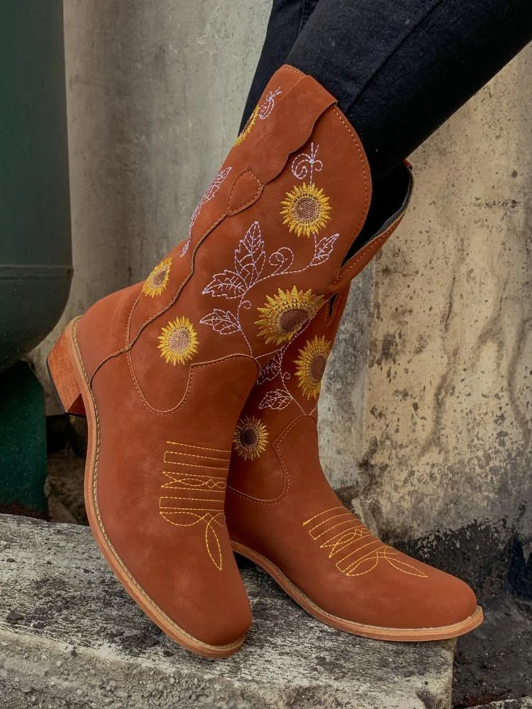 Brown Sunflower Embroidered Wide Mid Calf Cowgirl Boots Vintage Western Heeled Boots