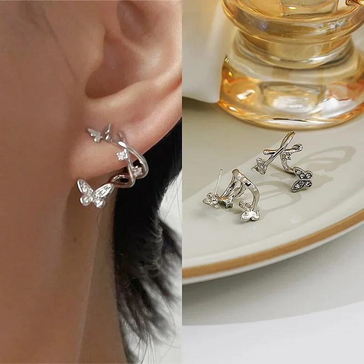 New Crystal Butterfly Women's Stud Earrings Silver Color Metal Twisted Korean Fashion Girls lovely Ear Jewelry 2025 brincos