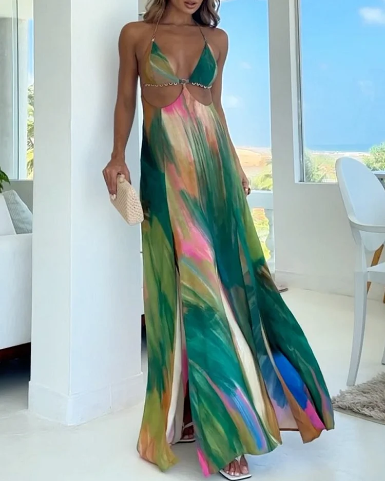 Sleeveless printed hollow dress