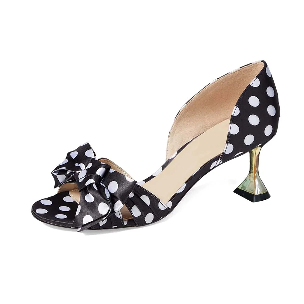 Black Pointed Toe Dot Sandals With Bow Decor Kitten Heel Sandals Nicepairs