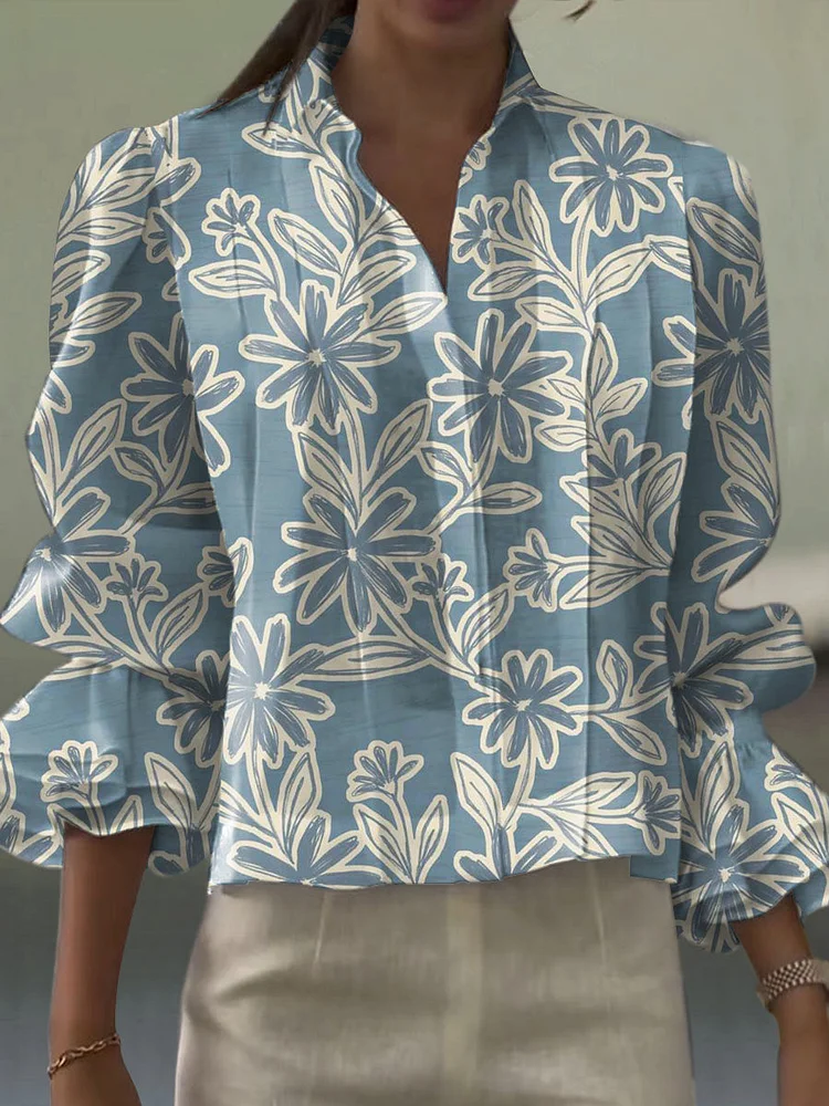 Women's Vintage Floral Art Print Casual Short Sleeve Cotton And Linen Shirt
