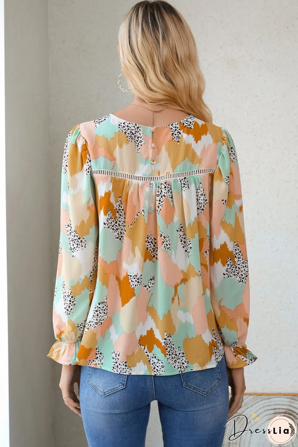 Printed Flounce Sleeve Buttoned Blouse
