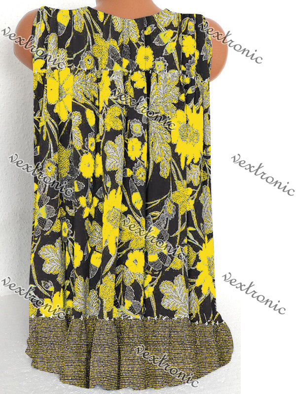 Women's Sleeveless Floral Printed Printed V-neck Tops T-shirt