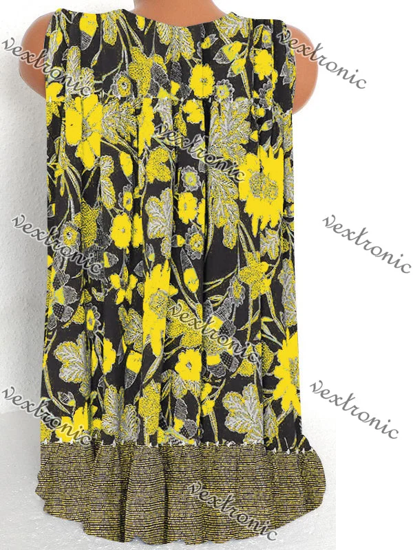Women's Sleeveless Floral Printed Printed V-neck Tops T-shirt