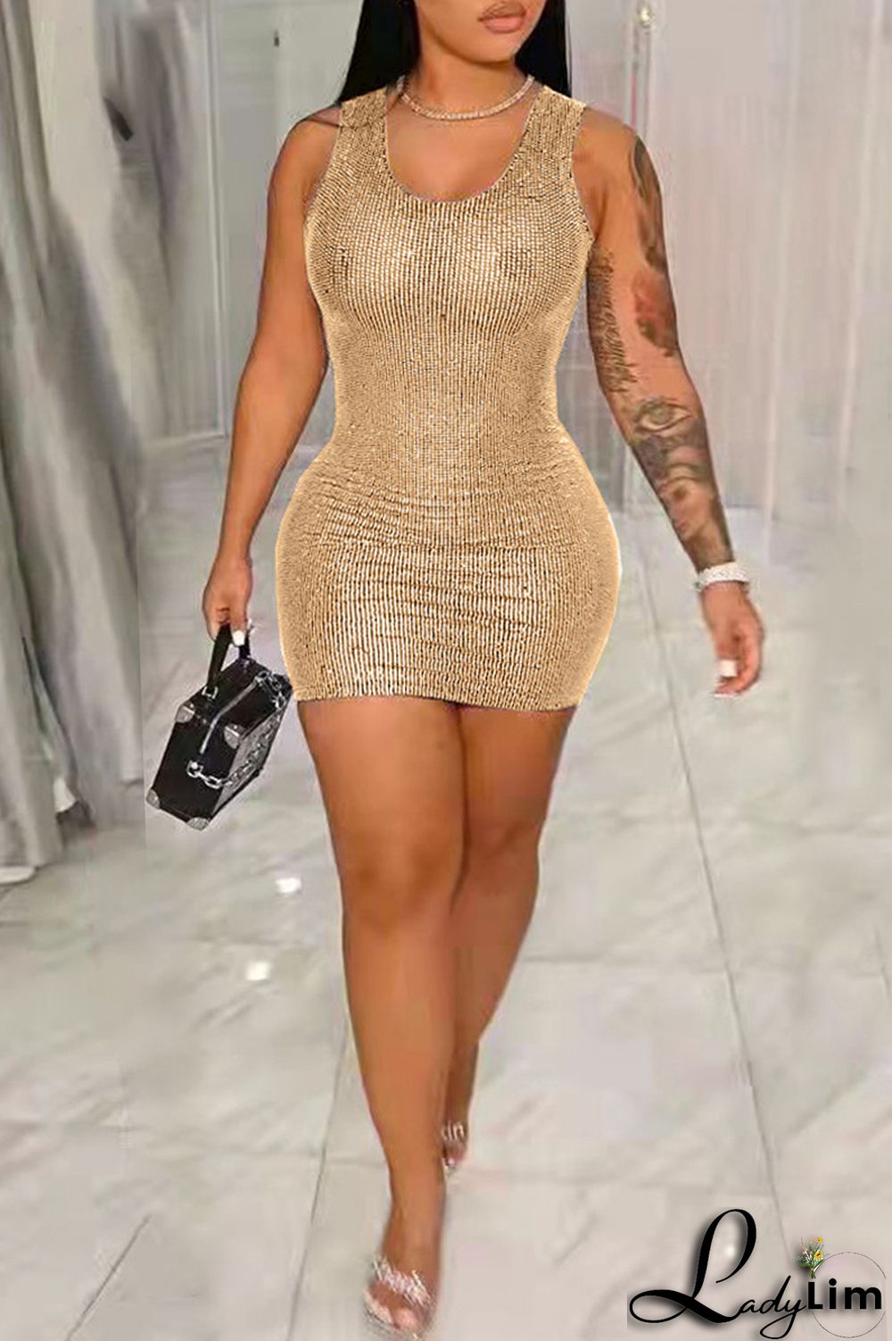 Blue Fashion Sexy Solid Sequins Patchwork O Neck Vest Dress