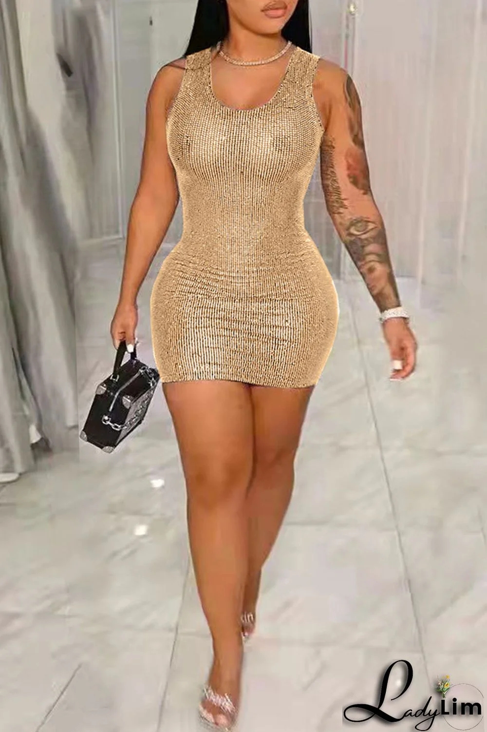 Blue Fashion Sexy Solid Sequins Patchwork O Neck Vest Dress