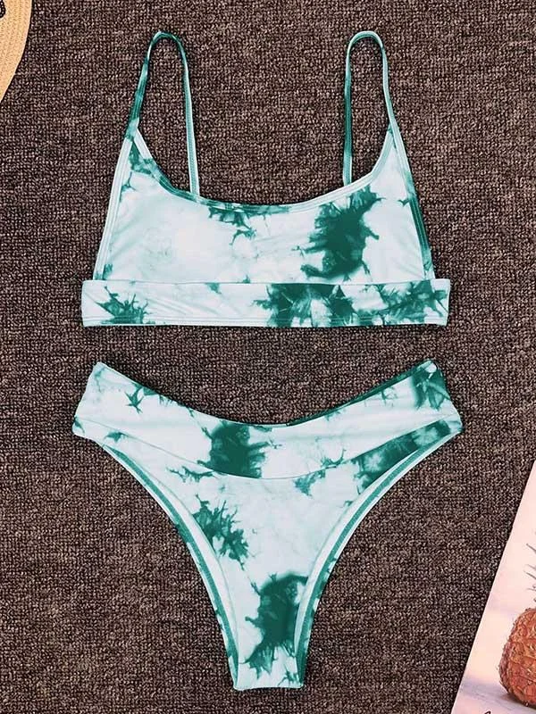 Sexy Spaghetti-Neck Tie-Dye Fade Color Split Type Bikini Swimsuit