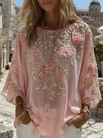Women's Pink Rose Embroidered Art  Linen Tunic
