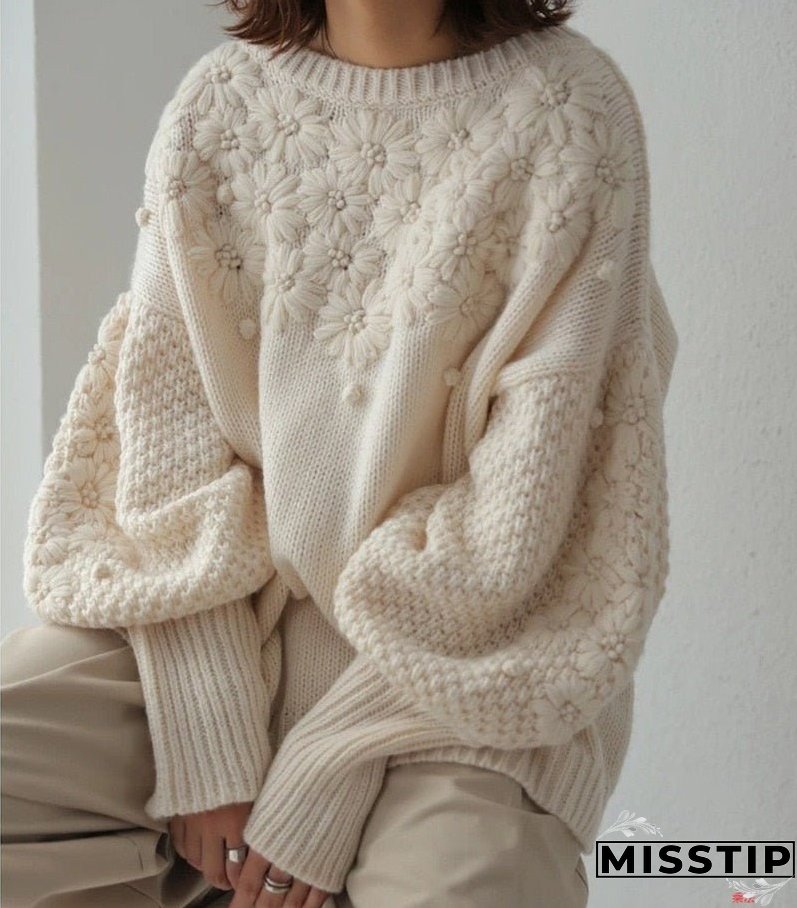 Thanksgiving Gift Vintage Daisy Embroidery Sweaters Women Korean Style Loose Lantern Sleeves Knit Pullovers Female Autumn Winter Thick Warm Jumper