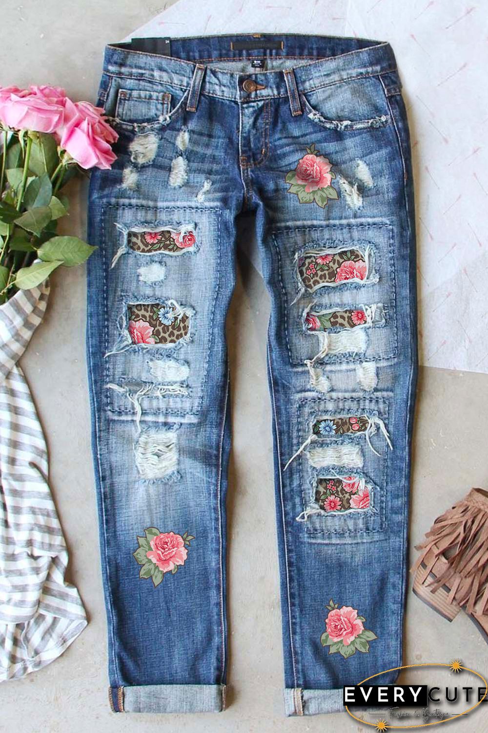 Sky Blue Floral Leopard Print Splicing Distressed Denim Pants