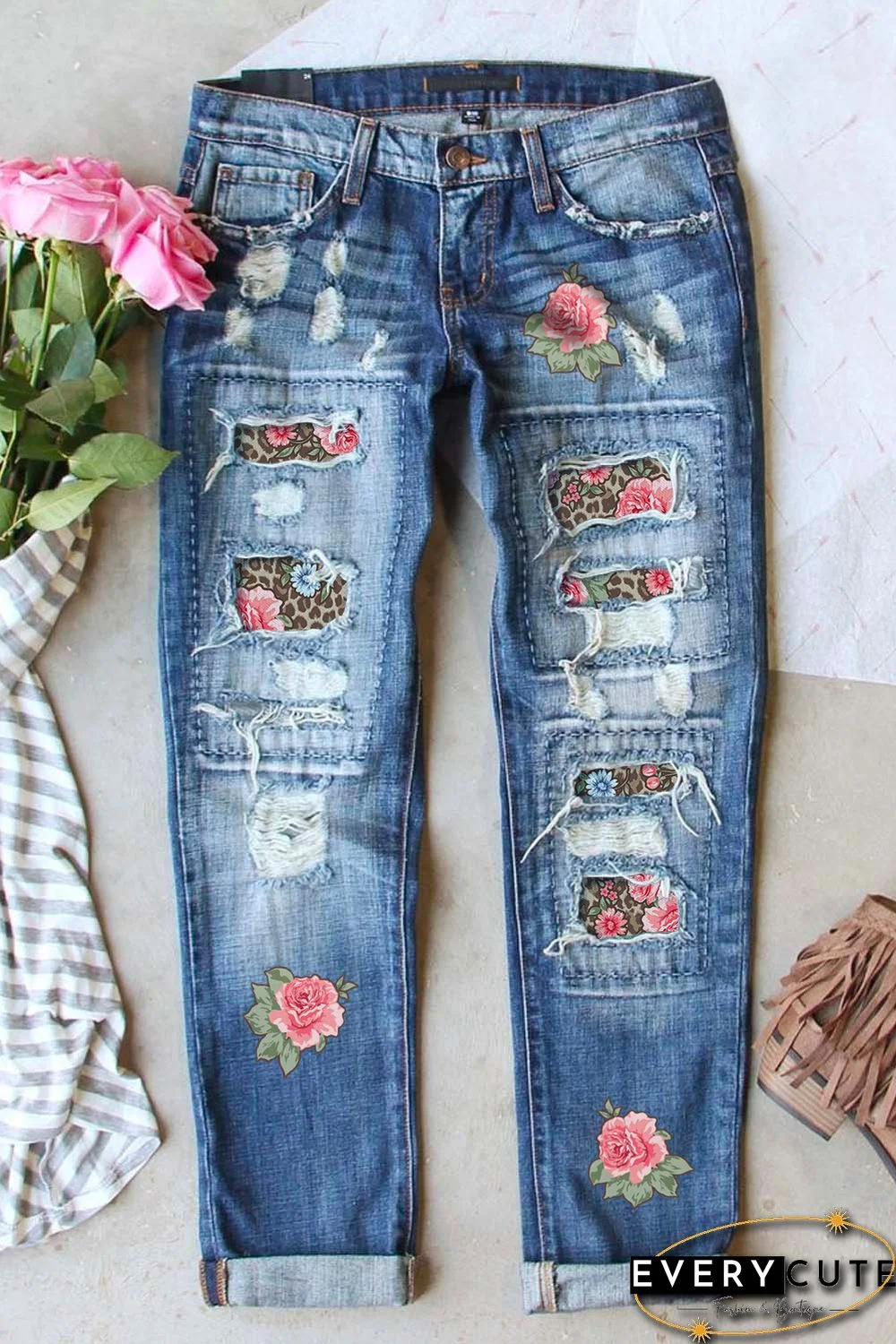 Sky Blue Floral Leopard Print Splicing Distressed Denim Pants