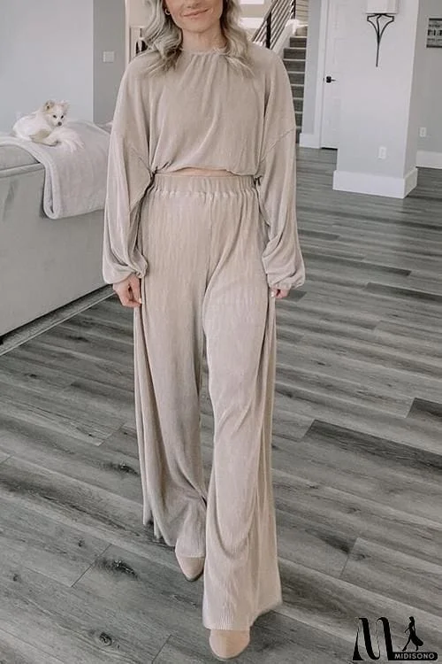 MidiSono - Pleated Crop Blouse Wide Leg Pants Set