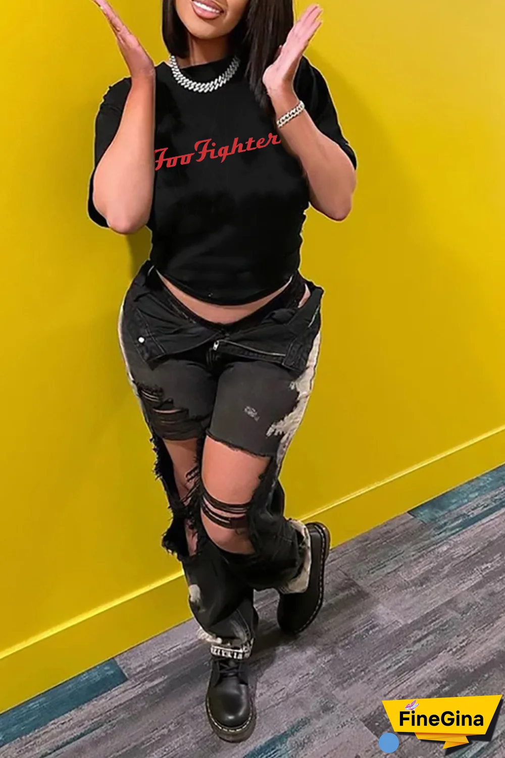 White Casual Street Print Patchwork Letter O Neck T-Shirts