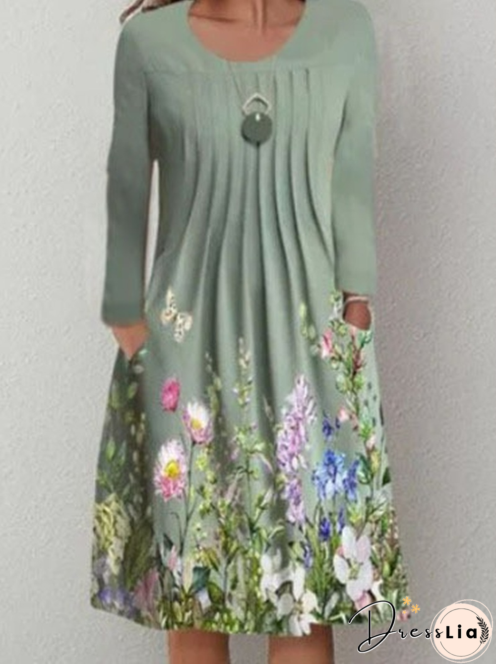 Spring/Summer Floral Print Round Neck Pullover Midi Dress Women's Long Sleeve Vintage Dress