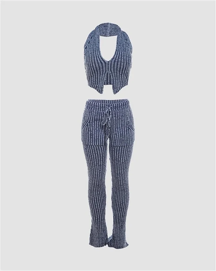 Halter Ribbed Knit Long Pant Coords