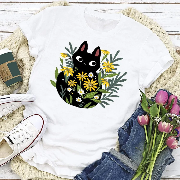 Black cat with flowers Essential T-shirt Tee - 01412-Annaletters