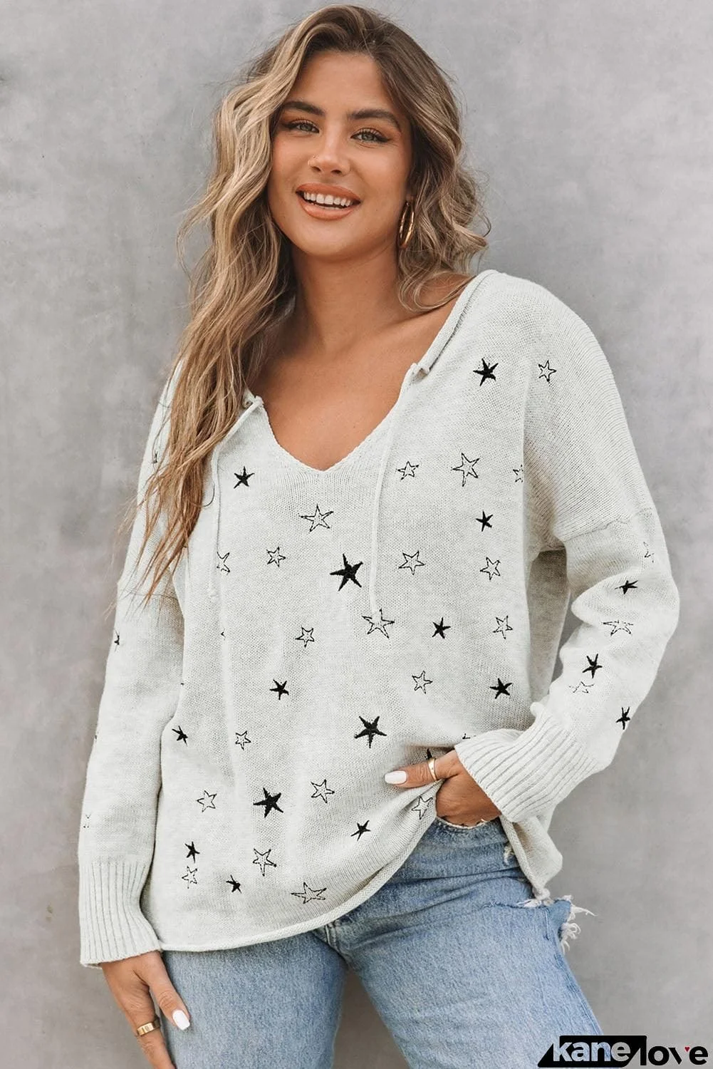 Star V-Neck Roll Hem Drop Shoulder Sweater