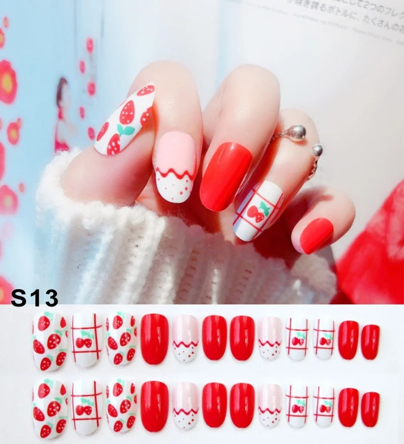 24pcs/Set Fashion Black Red Rivet False Nails Strip Rivet Design Coffin Finished Full Cover Artificial Fake Nails Manicure Tools-Nail Inspo