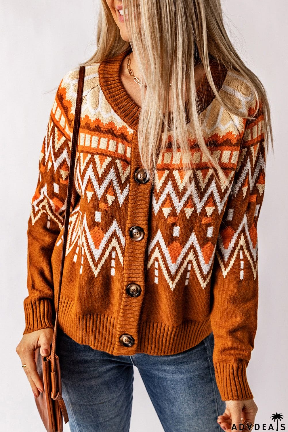 Geometric Button Down Round Neck Cardigan