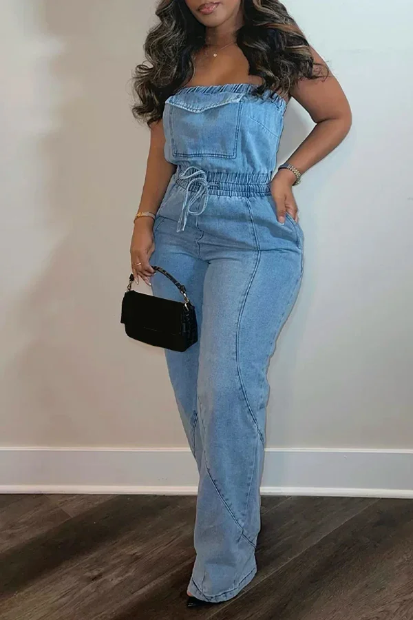 Guchioe  Fashion Sexy Hollow Elastic Waist Sleeveless Denim Jumpsuit