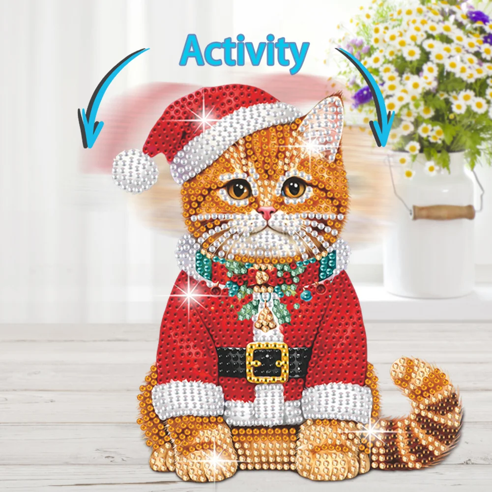 DIY Xmas Orange Cat Acrylic Shaking Head Desktop Diamond Painting Art Kits for Kids