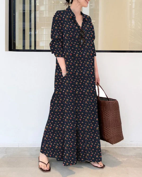 Casual Print Cotton Linen Shirt Collar Long Sleeve Maxi Dress