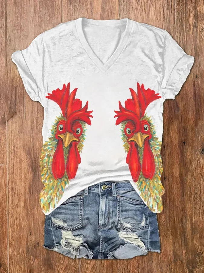 Women's Chicken Print V-Neck Short Sleeve T-Shirt