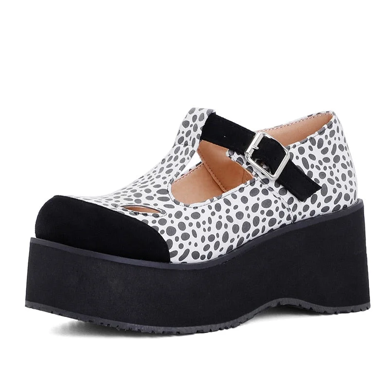 Gdgydh Gothic Fashion Cat Leopard Wedges Shoes For Women T-strap Platform Heels Hollow Out Thick Sole Casual Shoes Comfort New