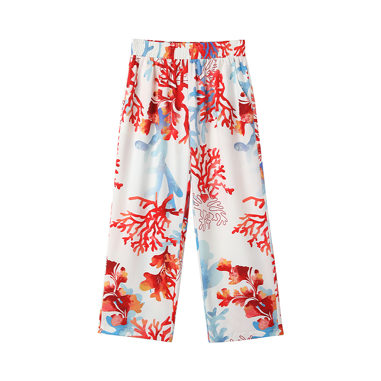 Underwater World Coral Printed Red Shirt Wide Leg Pants Four Piece Set