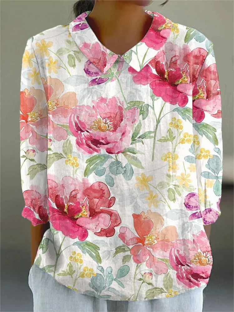 Women's  Vintage  Floral  Art Print Casual Cotton And Linen 3/4 Sleeve Shirt