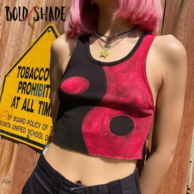 Bold Shade Y2K Indie Fashion Tank Tops Ribbed Print Patchwork Gothic Style Crop Tops Bodycon Women 90s Retro Basic Clothes 2021