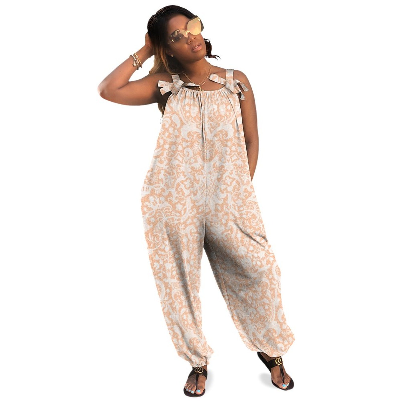 Women Plus Size Jumpsuit Summer Loose Harem Pants Antique White Lace French Print Pattern Casual Long Length Polyester Spandex