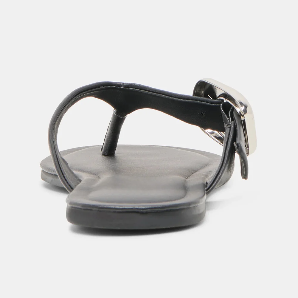 Vegan Leather Open Toe Buckle Flip Flop Black Sandals for Women
