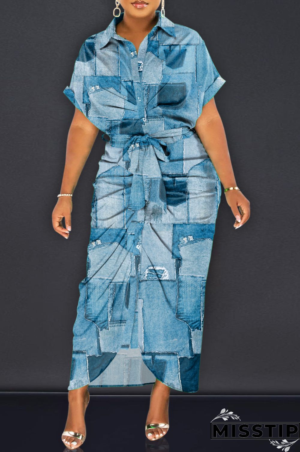 Blue Fashion Casual Print Patchwork Turndown Collar Shirt Dress