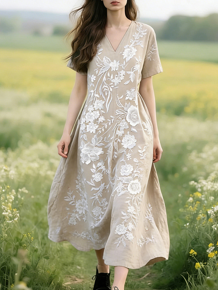 Comstylish Vintage Lace Floral Pattern V Neck Linen Maxi Dress