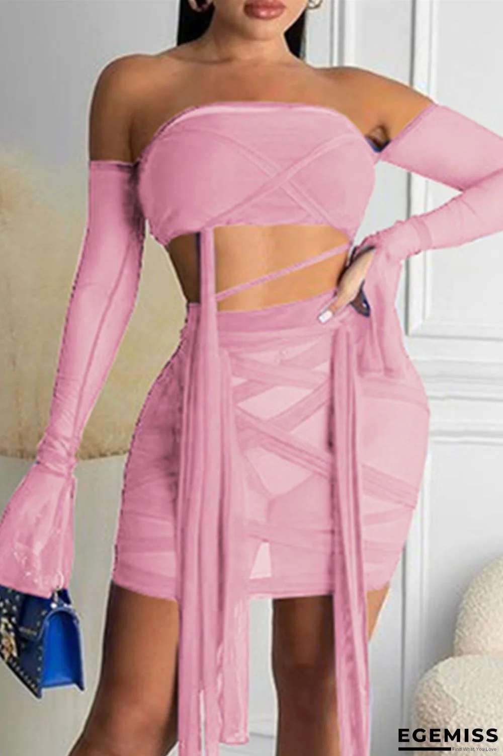 Pink Fashion Sexy Solid Patchwork See-through Backless Off the Shoulder Long Sleeve Two Pieces | EGEMISS