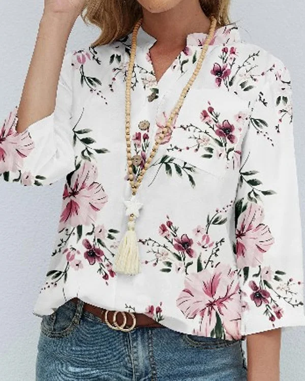 Floral Printed Stand Collar Button 3/4 Sleeve Blouse