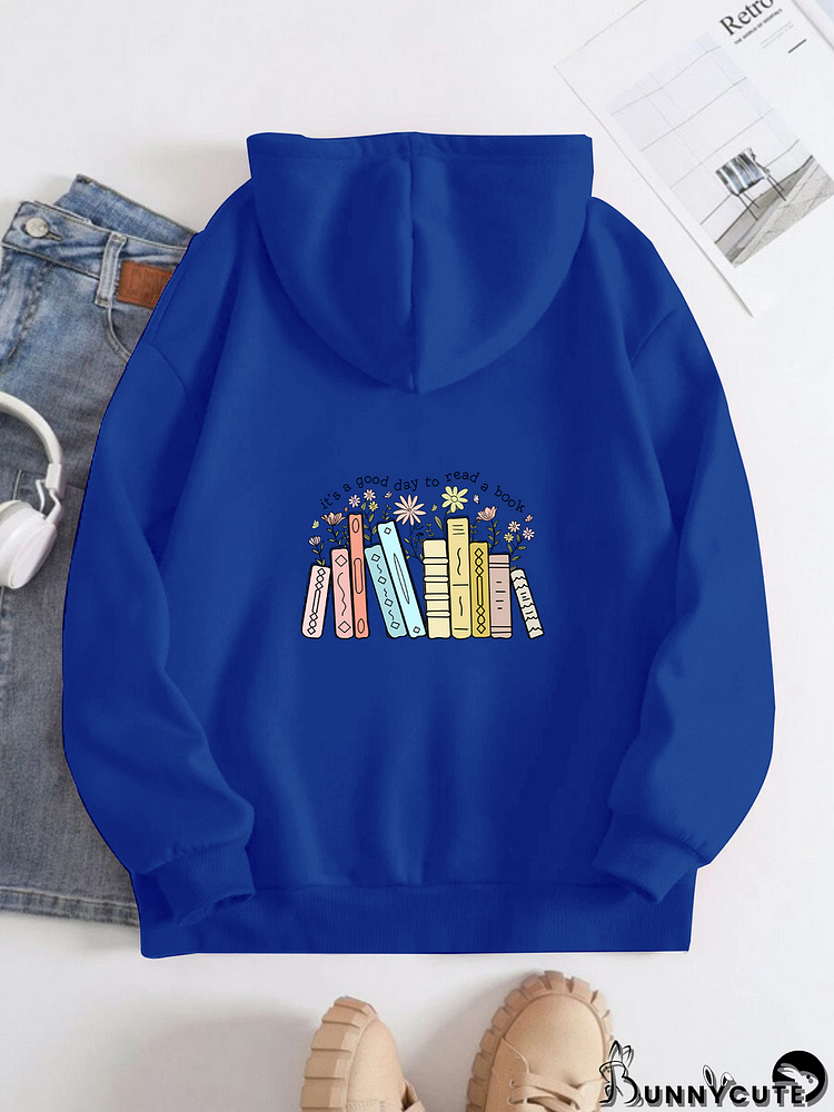 Printed on the Back Kangaroo Pocket Hoodie Long Sleeve for Women Pattern Color books and flowers