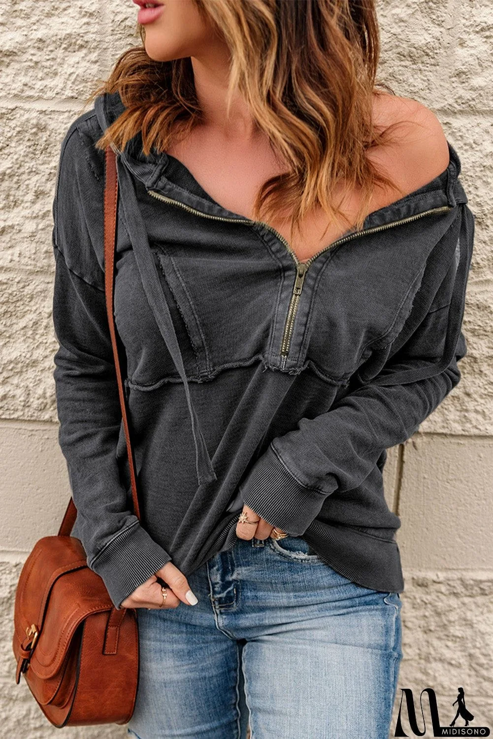 MidiSono - Zipped Front Stitching Hooded Sweatshirt