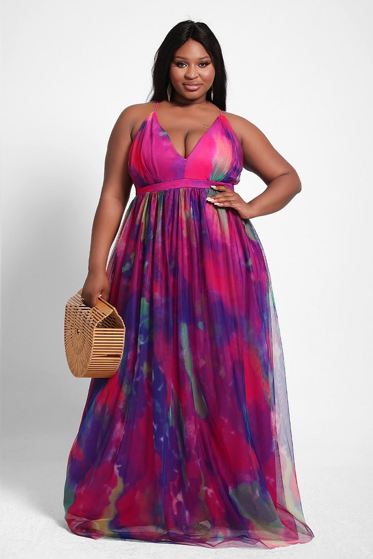 Xpluswear Design Plus Size Tulle Dresses Sling V-neck Print Maxi Dress