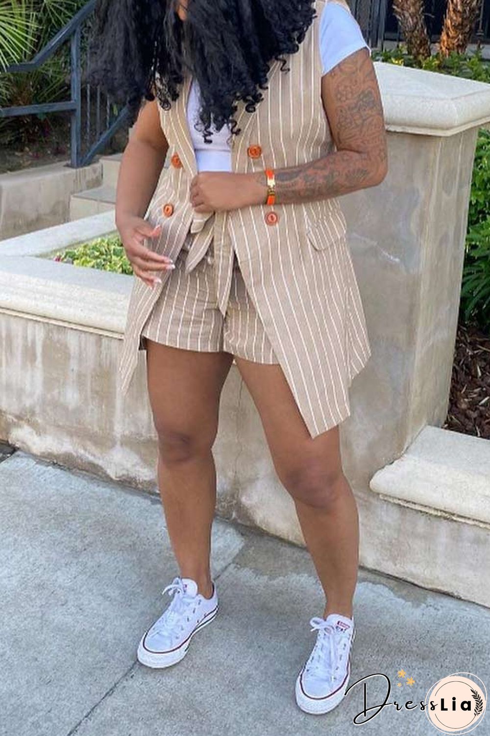 Casual Stripe Print Vest Jacket Shorts Set