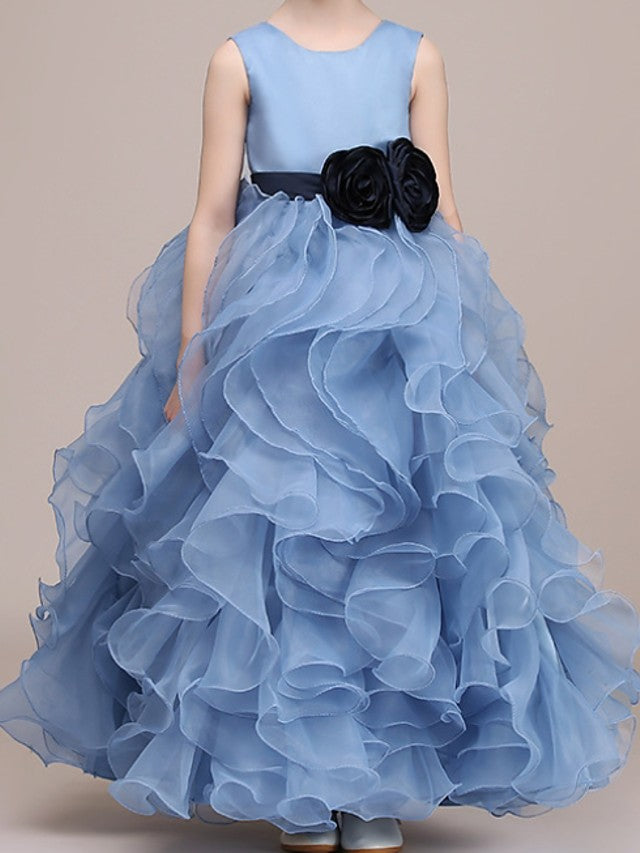 Oknass Ball Gown Sleeveless Jewel Neck Flower Girl Dresses  Polyester With Tier Cascading Ruffles Tiered
